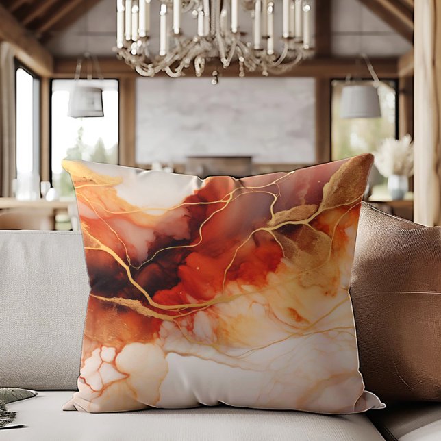Brun Orange Guld Alkoholbläck Marmorerad Kudde (Brown, orange, and cream-colored decorator pillow )