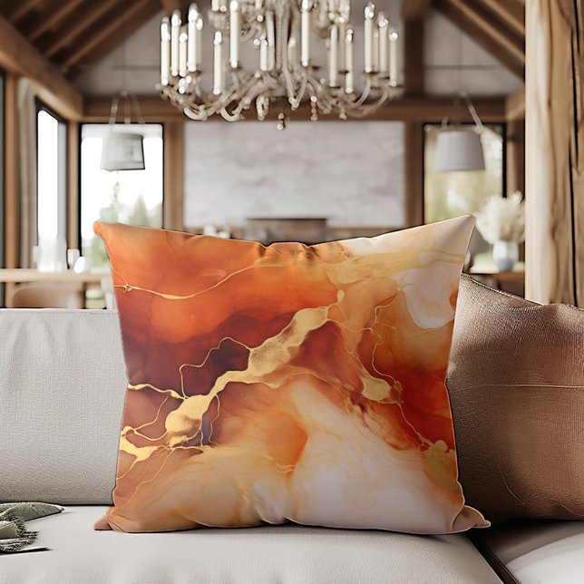Brun Orange Guld Marmorerad Alkoholbläck Kudde (Brown, orange, and gold alcohol ink decorator pillow)