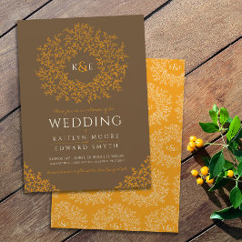 Brun orange hand plockade löv monogram art bröllop inbjudningar