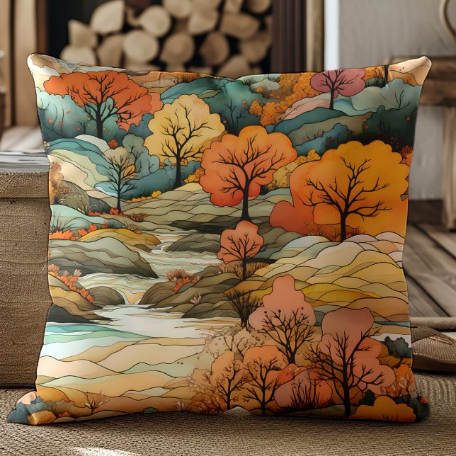 Brun Orange Höst Flod Träd Landskap Kudde (Orange, brown, teal trees and river decorator pillow)