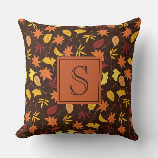 Brun Orange Och Gula Höstlöv Monogram Kudde (Framsida)