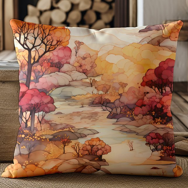 Brun Orange Röd Höst Flod Träd Landskap Kudde (Orange, red, and brown trees and river landscape pillow)