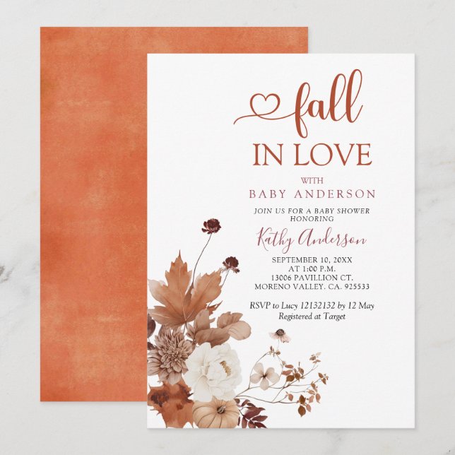Brun Orange Vildblomma Höst Förälskad Baby Shower Inbjudningar (Fram/baksida)