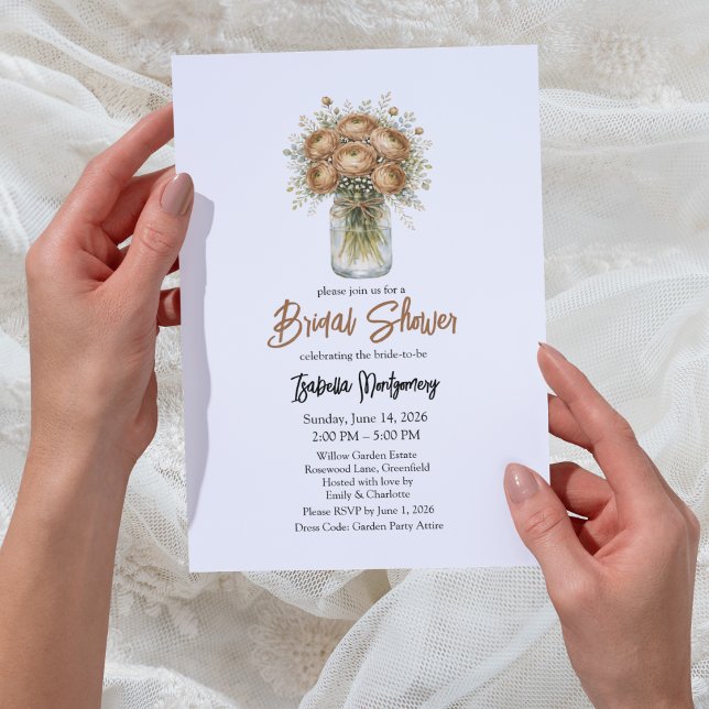 Brun palett Ranunculus Masonburk Bröllopsdusch Inbjudningar (Brown Palette Ranunculus Mason Jar Bridal Shower Invitations
)
