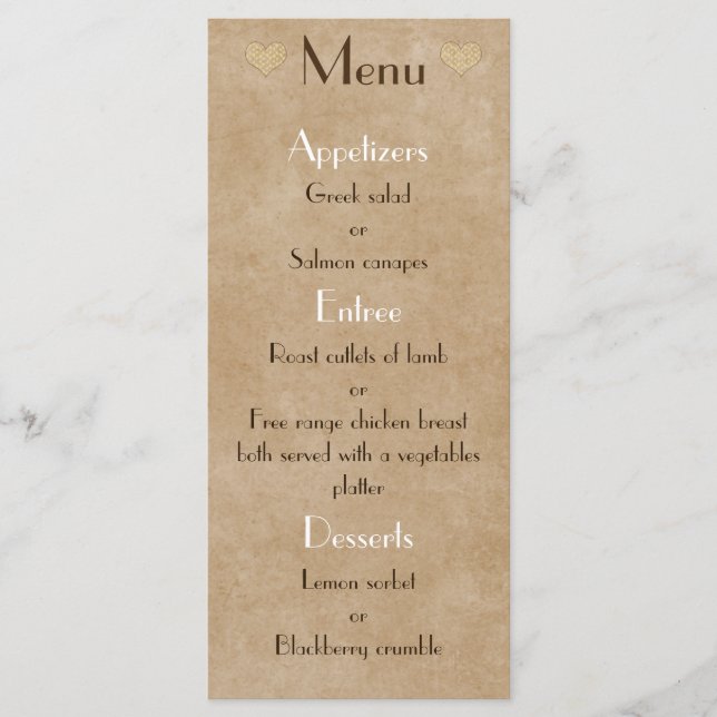 Brun Papper Bag Rustic Heart Menu List Bröllop Meny (Framsida)