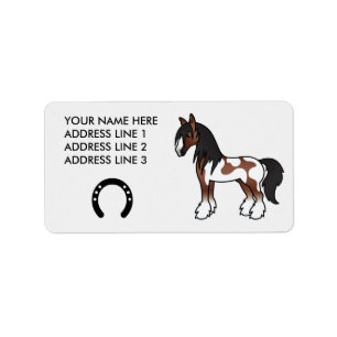 Brun Piebald Tecknad Gypsy Vanner Shirehäst Adressetikett