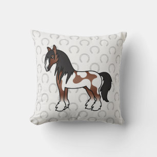 Brun Piebald Tecknad Gypsy Vanner Shirehäst Kudde