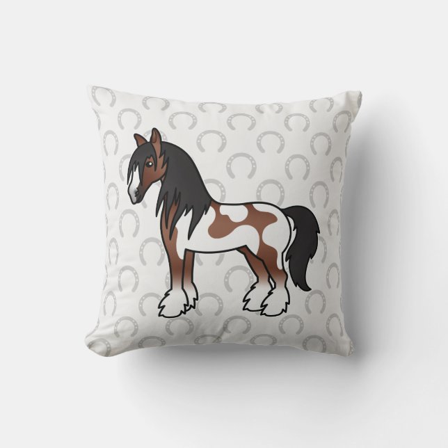 Brun Piebald Tecknad Gypsy Vanner Shirehäst Kudde (Framsida)