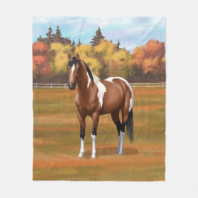 Brun Pinto Bay Paint Horse på hösten Fleecefilt (Framsidan)