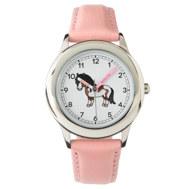 Brun Pinto Shetland Ponny Tecknad Illustration Armbandsur (Framsida)
