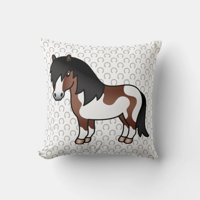 Brun Pinto Shetlandsponny Tecknad Illustration Kudde (Framsida)