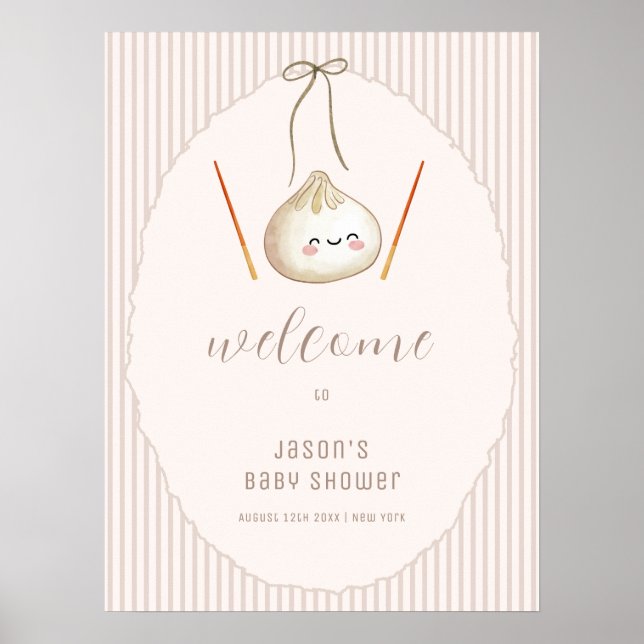 Brun Pojke Bow asiatisk Dumpling Baby Shower Välko Poster (Framsidan)