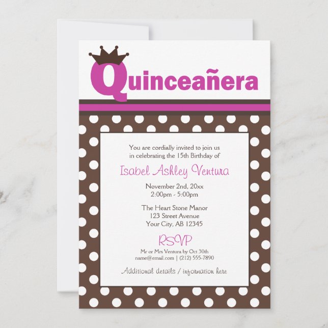 Brun Polka Dot & Fuchsia Quinceañera-inbjudningar Inbjudningar (Framsida)