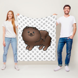 Brun Pomeranian Söt Tecknad Hund & Tassar Fleecefilt