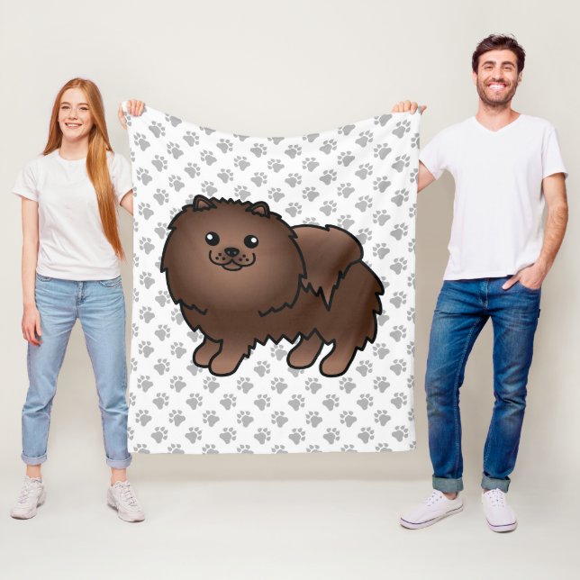 Brun Pomeranian Söt Tecknad Hund & Tassar Fleecefilt (På plats)