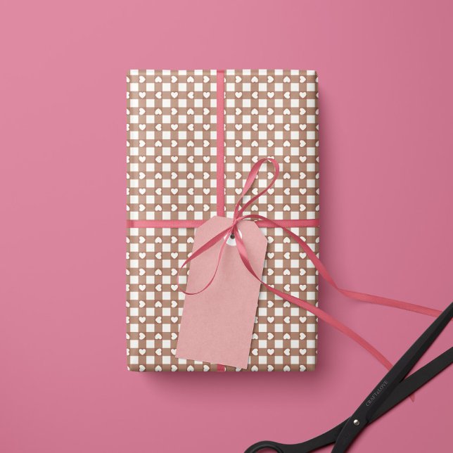 Brun Preppy Gingham Hjärtan- Presentpapper Rulle (Skapare uppladdad)