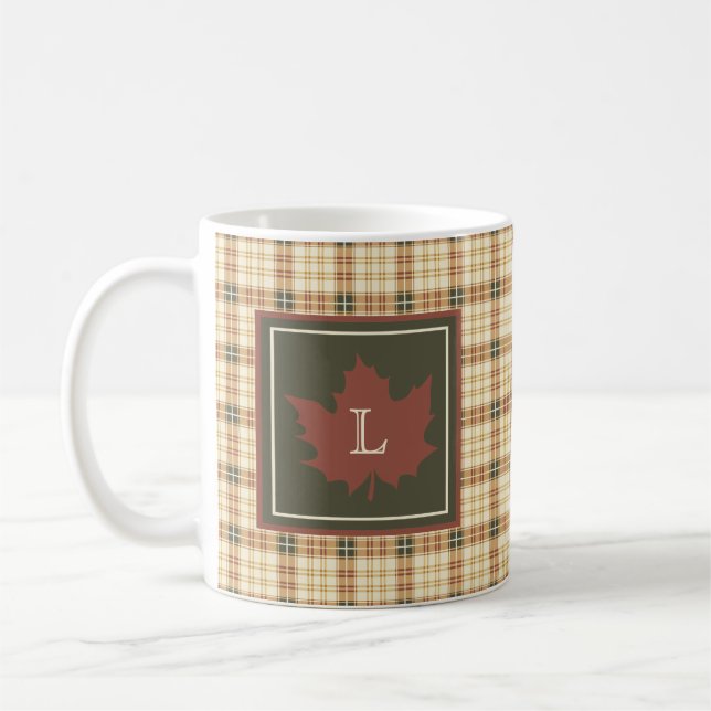 Brun pset Mönster Fall Maple Löv Monogram Kaffemugg (Vänster)