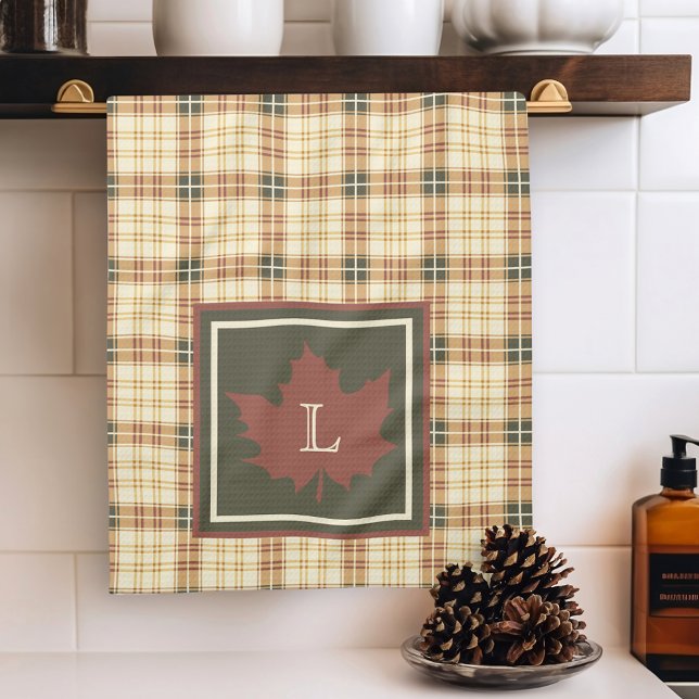 Brun pset Mönster Fall Maple Löv Monogram Kökshandduk (Skapare uppladdad)
