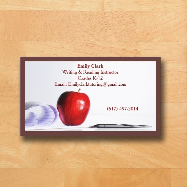Brun QR-kod Skollärare Rött äpple   Visitkort (Brown Business Card for Teacher )