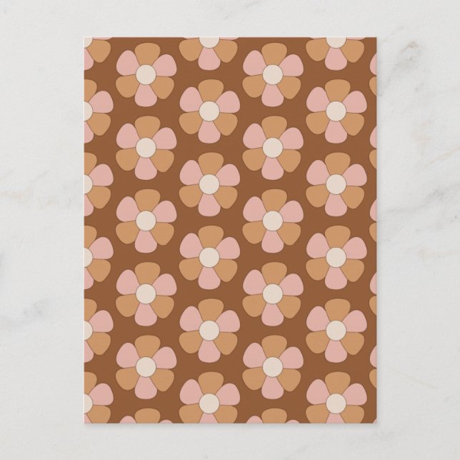 Brun Retro 70s Neutralt Flowers Vykort (Framsida)