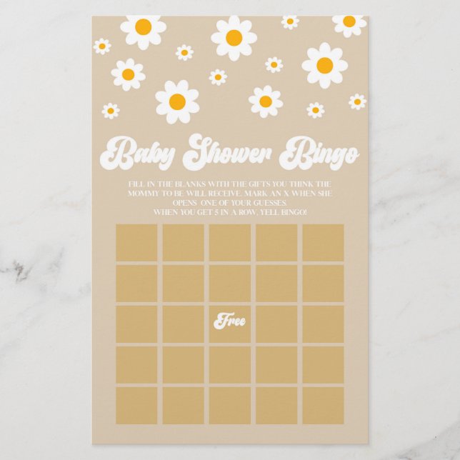 Brun Retro Daisy Bingo Baby Shower-spel Brevpapper (Framsida)