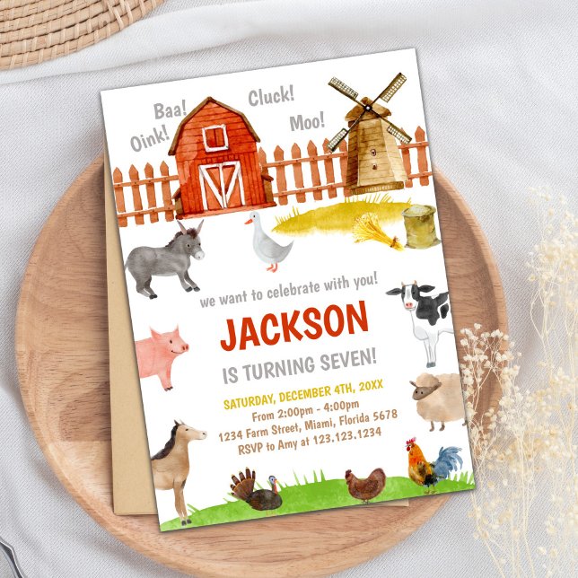 Brun röd Boskap födelsedag - inbjudningar (Brown Red Farm Animals Birthday Invitations)