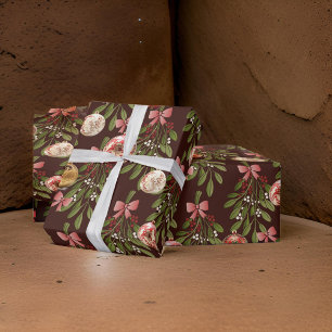 Brun röd Bow Mistletoe Holly Presentpapper