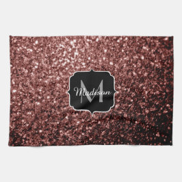 Brun röd faux Glitter-sparkles Monogram Kökshandduk