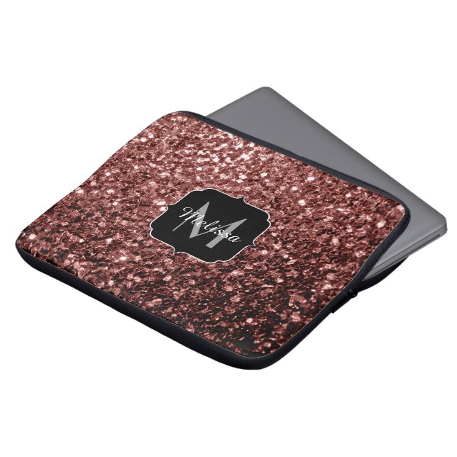 Brun röd faux Glitter-sparkles Monogram Laptop Sleeve (Framsida topp)
