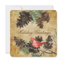 Brun röd kardinal tallkottar julkort