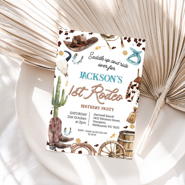 Brun Rope Text First Rodeo 1:a födelsedag Inbjudningar (Boys First Rodeo Birthday Invitation, Wild West Cowboy 1st Birthday Invitation Boy, Rope Text,)