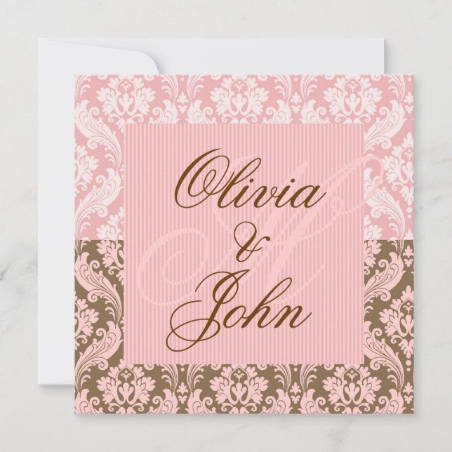 Brun & Rosa Damask Elegant Bröllopsinbjudan Inbjudningar (Framsida)