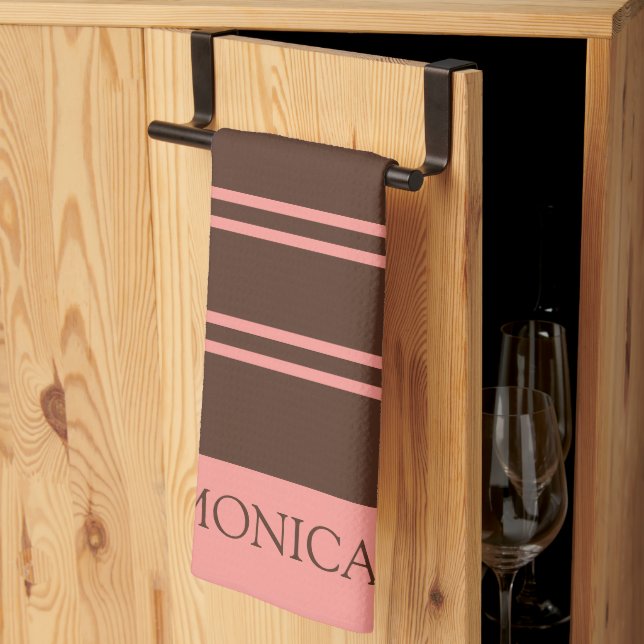 Brun rosa randiga köksdukar med eget namn kökshandduk (Thirds Fold)