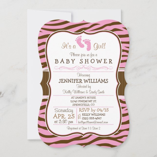 Brun, Rosa Zebra ränder Animal Print Baby Shower Inbjudningar (Framsida)