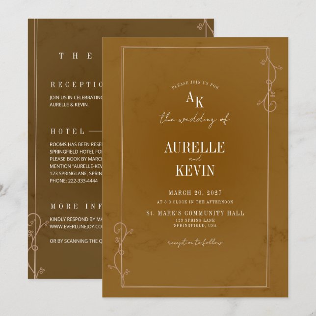 Brun Rustik Blommig Marmor Elegant QR-kod Bröllop Inbjudningar (Fram/baksida)