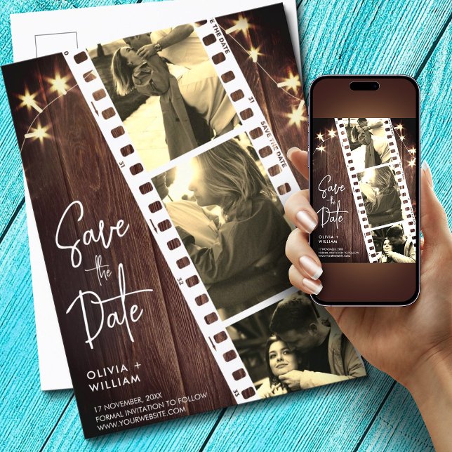 Brun Rustik Fotobås Spara Datum Bröllop Meddelande Vykort (Brown Rustic Photo Booth Save the Date Wedding Announcement Postcard, Photo Strip Save the Date)