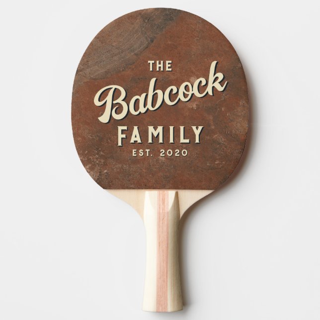 Brun Sandsten Retro Familjenamn & År Pingisracket (Framsidan)