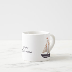 Brun segelbåt och namn espressomugg