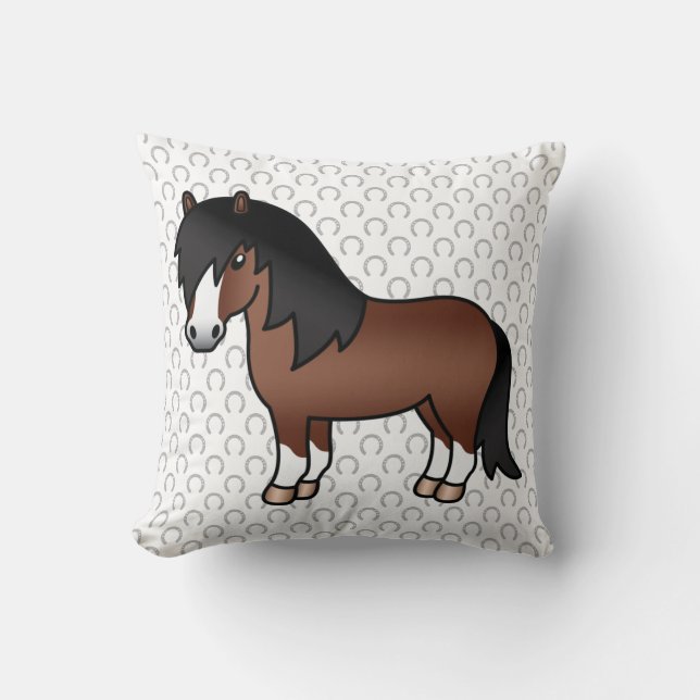 Brun Shetlandsponny Söt Tecknad Illustration Kudde (Framsida)