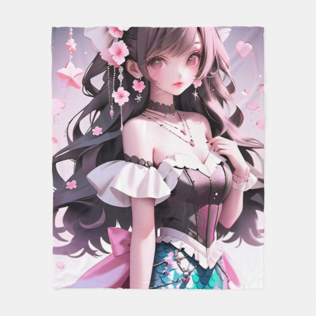 Brun Sjöjungfru med Rosa Blommor i hennes hår Fleecefilt (Framsidan)