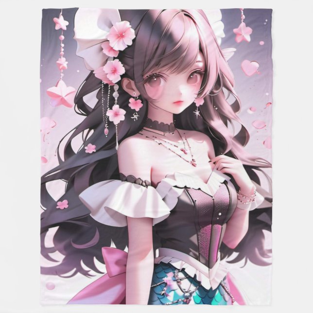 Brun Sjöjungfru med Rosa Blommor i hennes hår Fleecefilt (Framsidan)