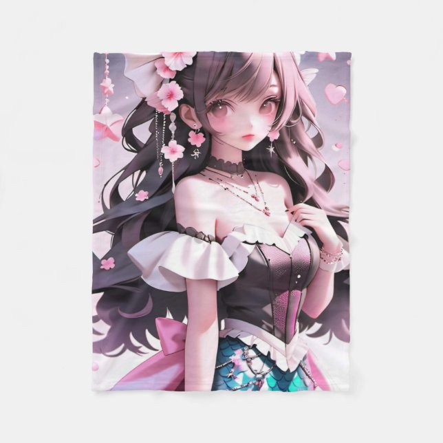 Brun Sjöjungfru med Rosa Blommor i hennes hår Fleecefilt (Framsidan)