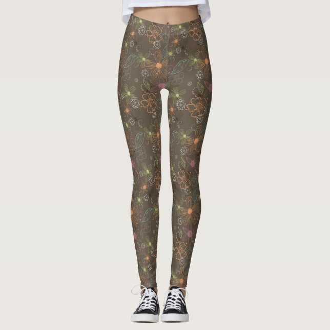 Brun sketchy blom- damasker leggings (Framsida)