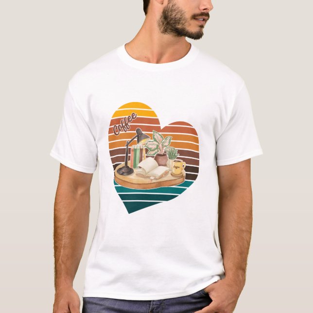 Brun Socker Kaffe Böcker Retro Läsning Hörna Hjärt T Shirt (Framsida)