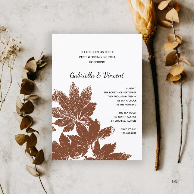 Brun Stämpel Post Bröllopsbrunch Höstblad Inbjudningar (Fall in Love with this natural woodsy wedding brunch invitation.)