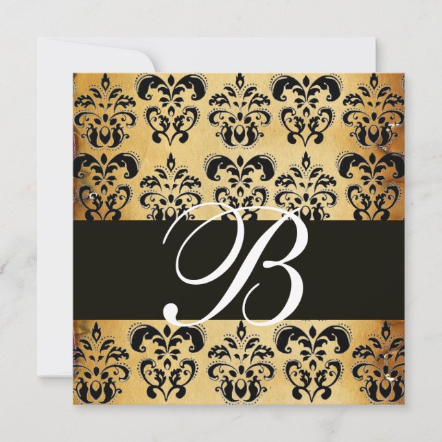 BRUN SVART DAMASK PERGAMENT MONOGRAM, vit Inbjudningar (Framsida)