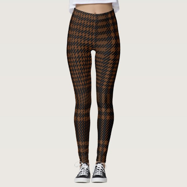 Brun svart glansch Kontrollera houndstooth Mönster Leggings (Framsida)