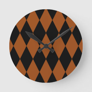 Brun Svart Harlekin Diamanter Rutmönster Design Rund Klocka