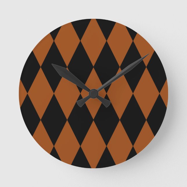 Brun Svart Harlekin Diamanter Rutmönster Design  Rund Klocka (Framsida)