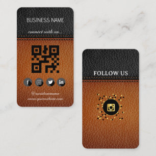 Brun-svart läderdesign-Social Media QR-kod Visitkort